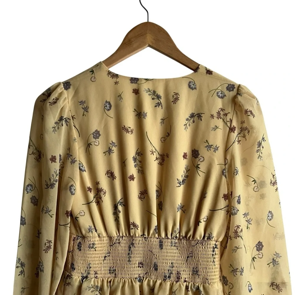 Aritzia Wilfred Wistful Dress XS Yellow Floral Chiffon Smocked Mini - Picture 6 of 10